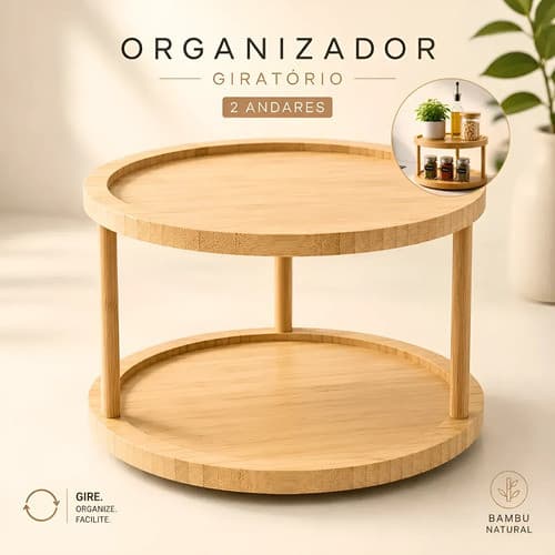 Organizador Giratório Cozinha E Multiuso 2 Andares Bambu