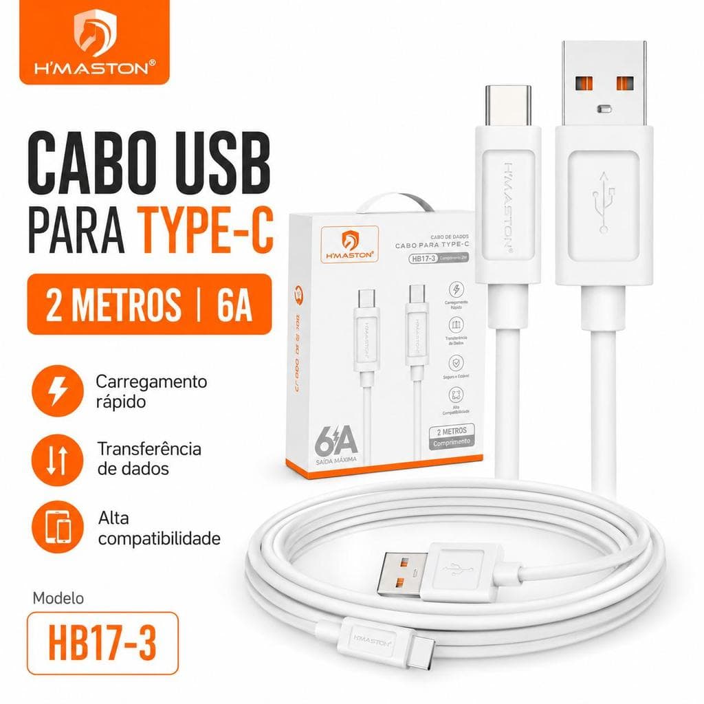 H'MASTON HB17-3 Cabo USB para Type-C 6A 2 Metros Carregamento Rápido Reforçado Antidobra para Celular Tablet Android