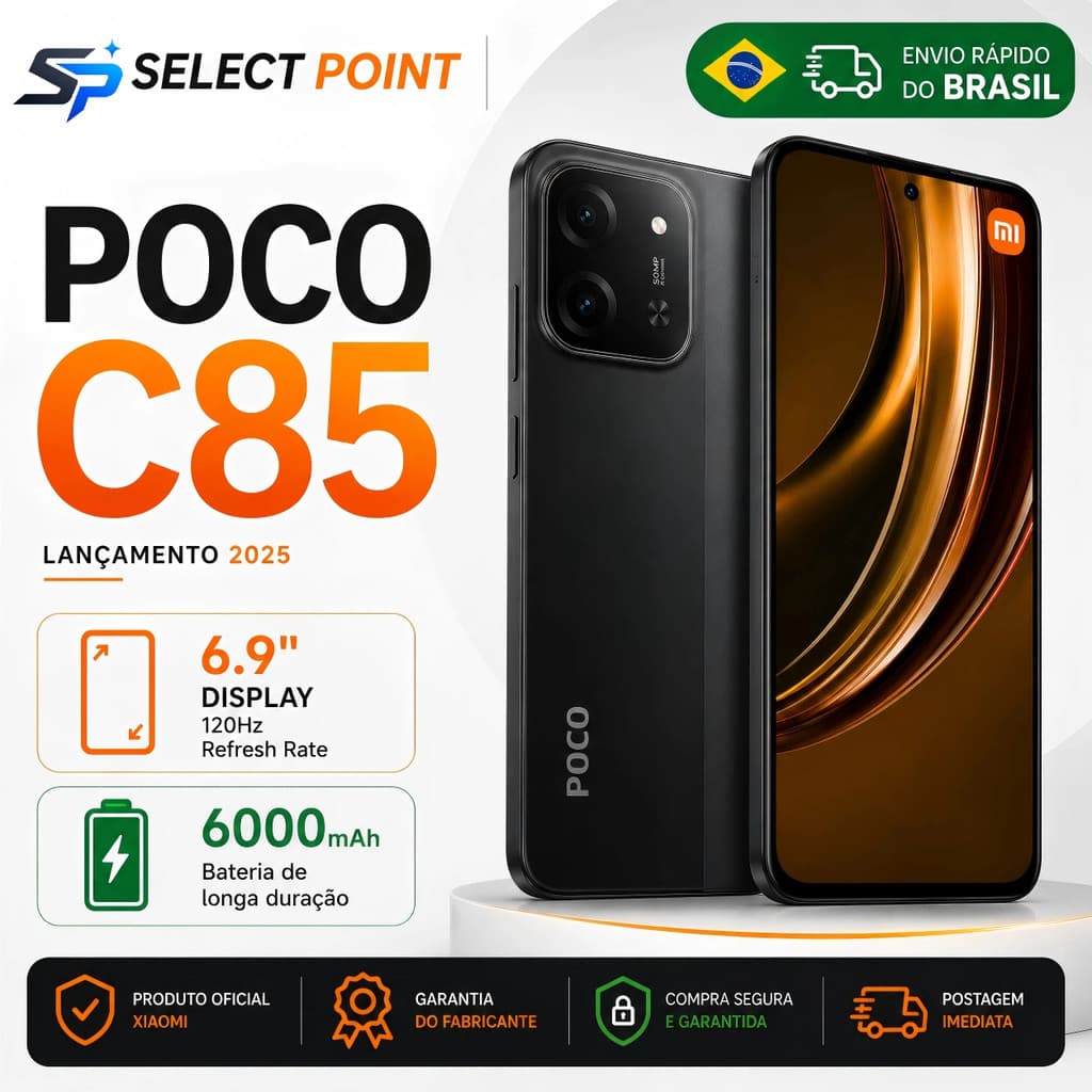 Xiaomi Poco C85 4G 128GB+6GB Smartphone Tela 6.9" 120Hz Bateria 6000mAh Dual SIM Celular Desbloqueado Versão Global