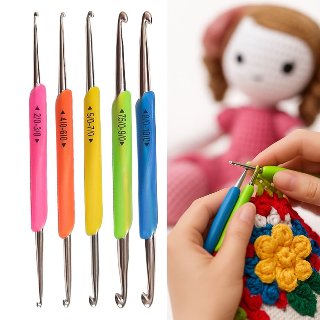 Kit 5 agulhas para crochê tricô amigurumi duas pontas total 10 medidas diferentes cabo emborrachado