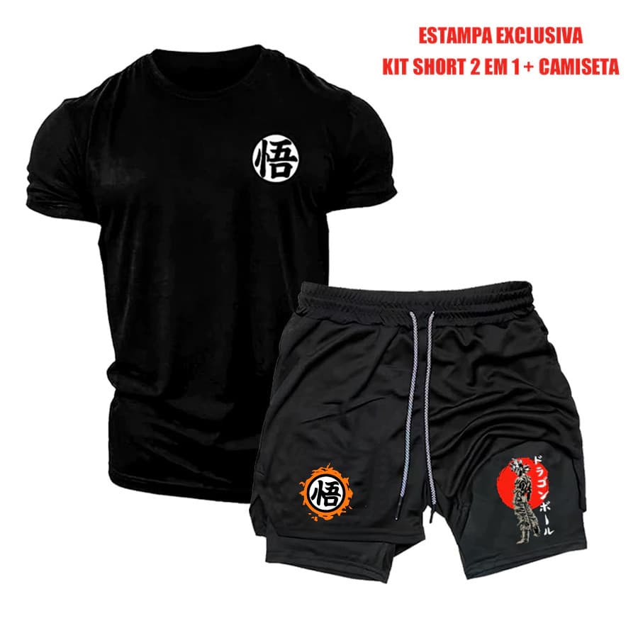 Kit Treino Goku Dragon Ball Z Camisa Algodão Short 2 em 1 Academia Musculação Fitness Corrida Esportivo