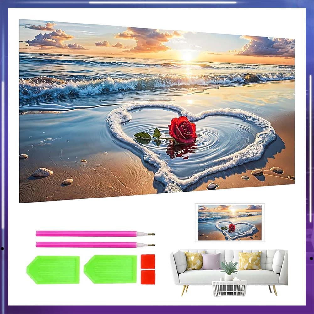 Pintura de Diamante 5D Tema Mar Coração Rosa 70x40cm – Perfeito para Decoração de Parede, Presente de Aniversário