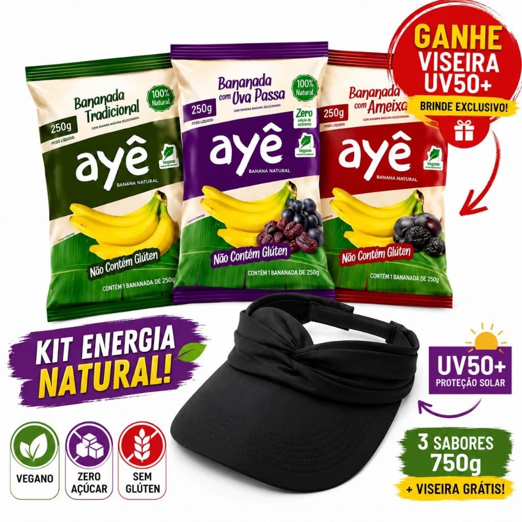 Kit 3 Bananada Ayê Zero Açúcar Zero Glúten Doce Saudável Fit + Brinde Viseira Proteção Solar UV50+ Oferta Especial