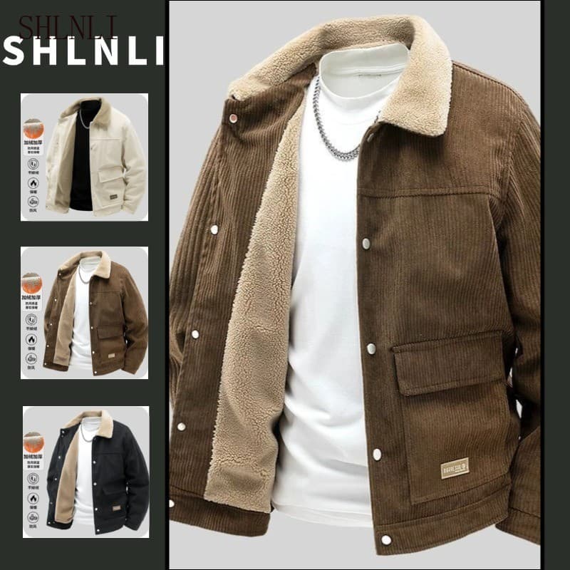 Jaqueta Masculina De Veludo Forrada De Lã Lapela Gola Sherpa Bolso Design Casaco Quente À Prova De Vento