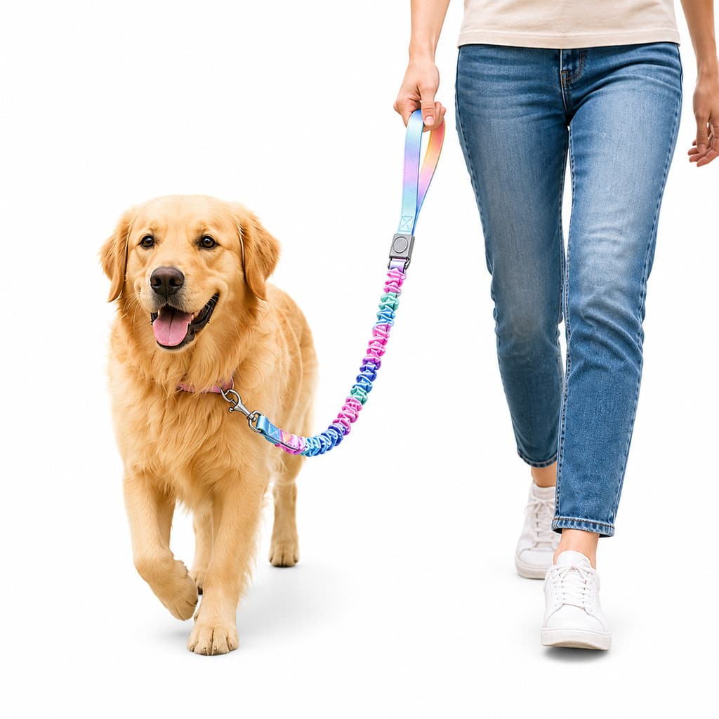Kit Guia Elástica e Coleira para Cachorro Anti Puxão com Amortecedor Alça Dupla Ajustável Resistente