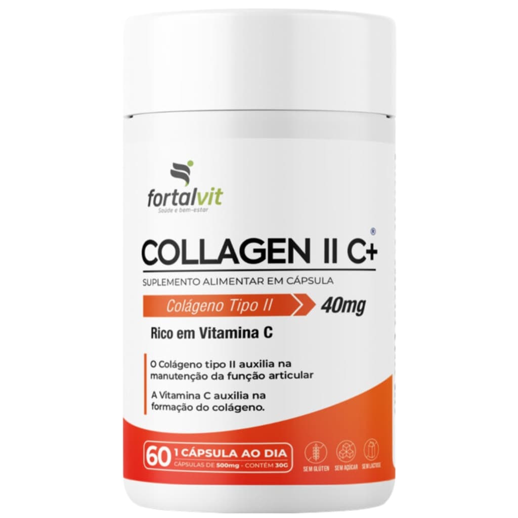 Colágeno Tipo 2 Longa Duração: 2 Meses de Uso, Alto Teor Vitamina C, E e Vitaminas do Complexo B, Fortalvit, 60 Cápsulas