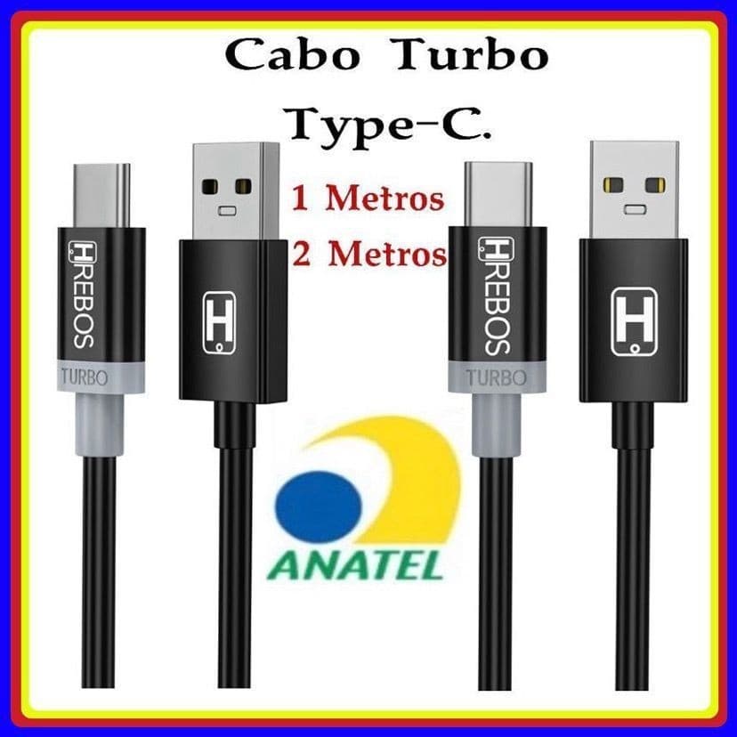 Cabo Type-C Turbo 3.1A Carregamento Rápido  Preto – 1 e 2 metros HRebos original  HS-26 HS-100
