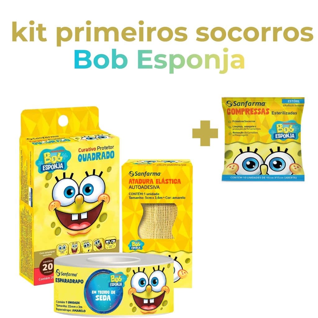 Kit Primeiros Socorros infantil Bob Esponja Sanfarma + Compressa de brinde