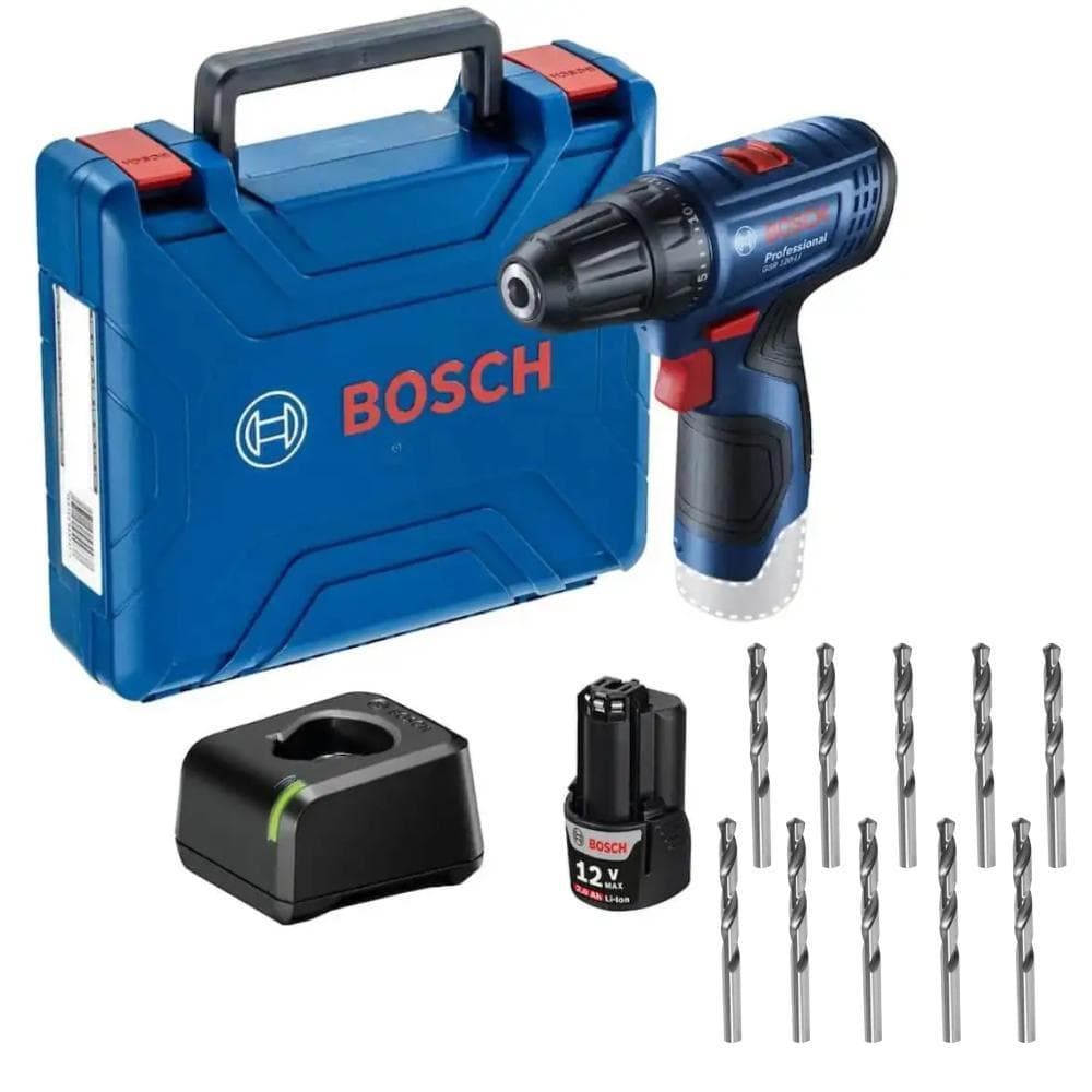 Kit Furadeira Parafusadeira GSR 120-LI 12V BOSCH e Jogo 10 Brocas Aço Rápido MTX