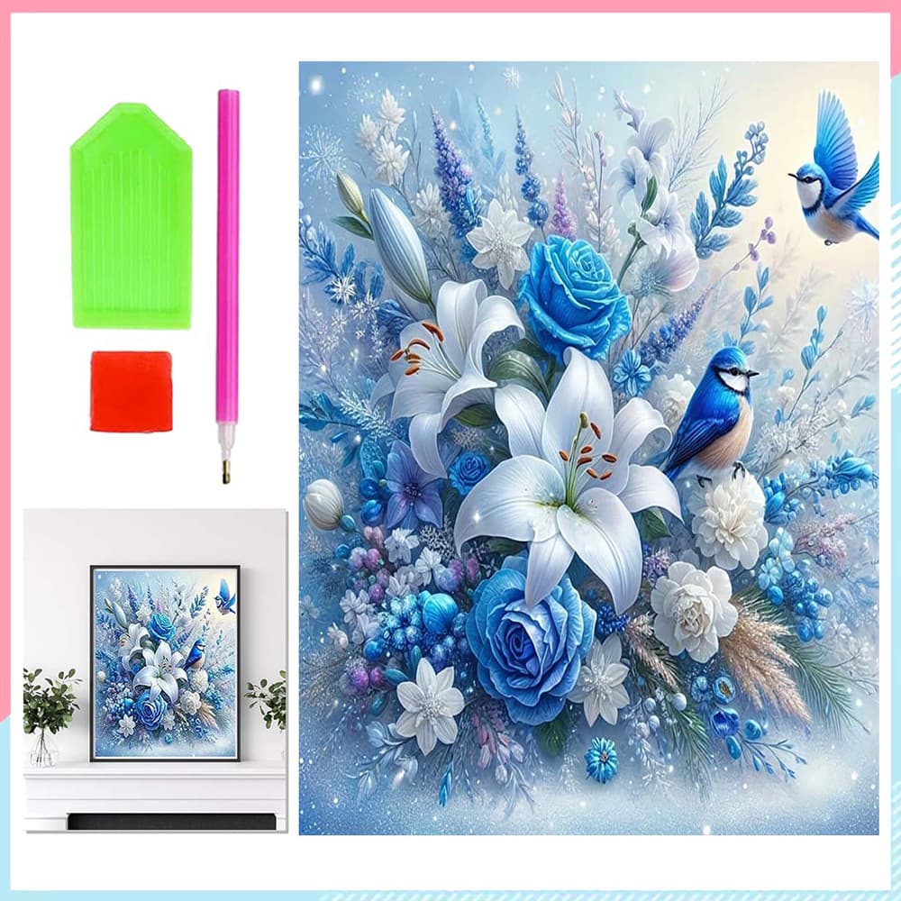 Flores e pássaros, kit de pintura com diamantes, pintura com diamantes quadrados 5D, obra de arte artesanal 30 x 40 cm
