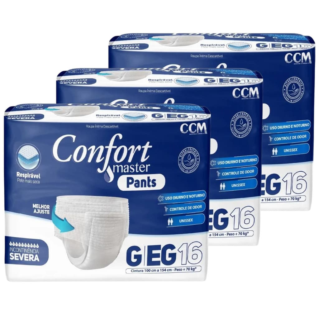 Kit 3 Fraldas Calça Descartável Geriátrica Adulto Confort Master Pants G-EG - Total 48 Un