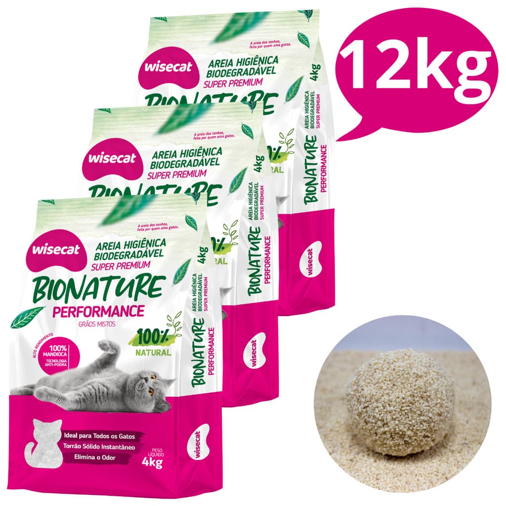 Kit 3 Areia Sanitária Higiênica Gatos Natural Vegetal Mandioca Performance Grãos Mistos Wisecat 4KG