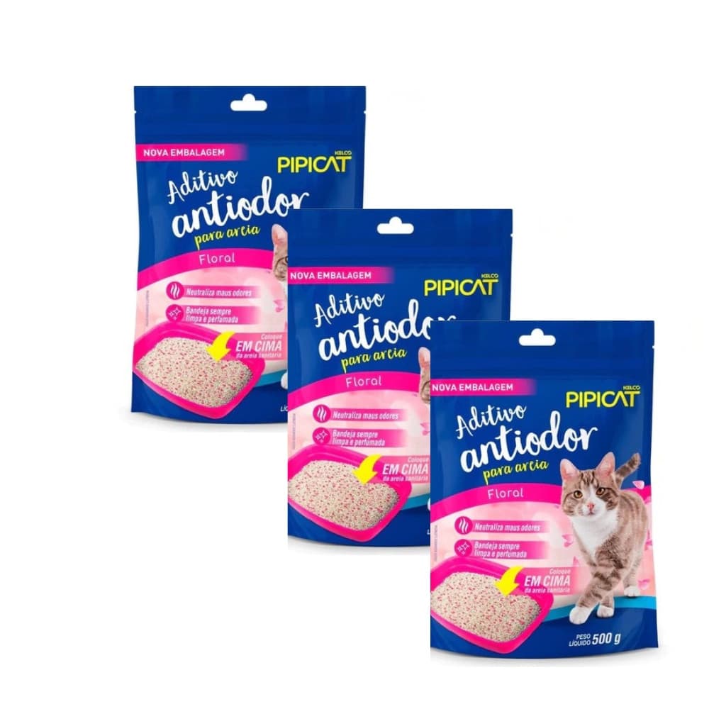 Kit 3 Aditivo Pipicat Floral 500g Antiodor Areia Sanitária Gatos