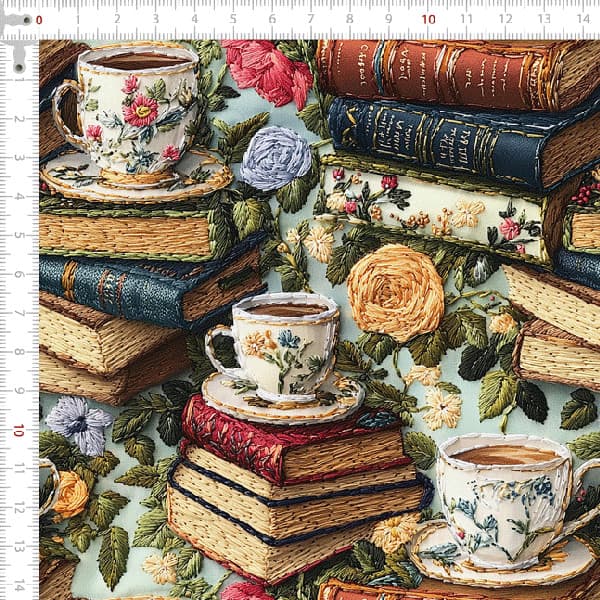 Tecido Tricoline Digital Efeito 3D Xícaras e Histórias Costura Artesanato Patchwork Pano