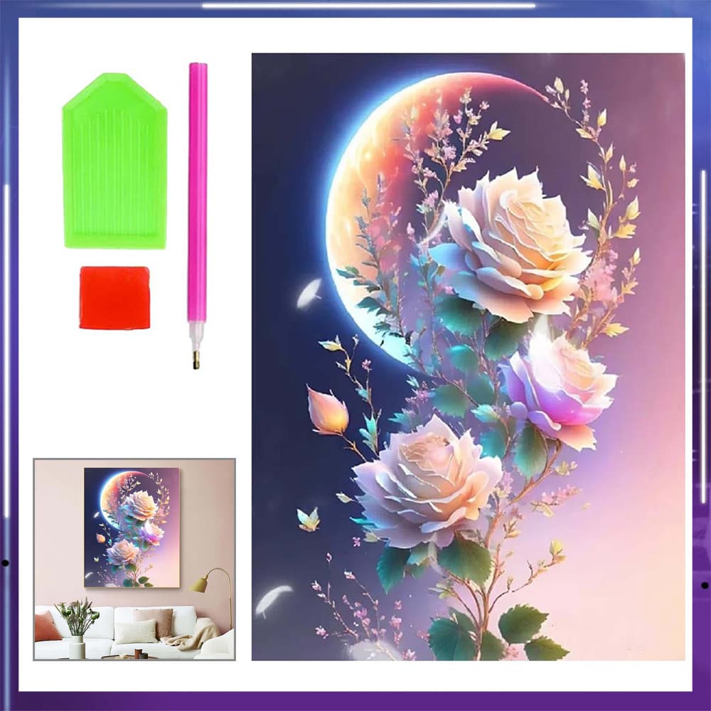 Pintura de Diamante 5D Tema Rosa sob a Lua 40x30cm – Conjunto Completo de Ferramentas, Arte Terapêutica Relaxante