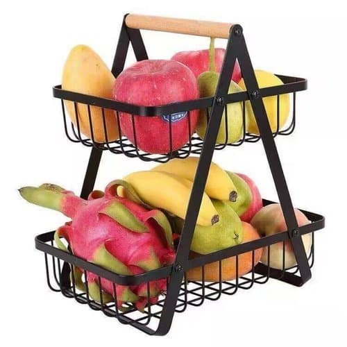 Fruteira Metal 2 Andares Multiuso Organizador Cozinha Banheiro Com Alca Madeira