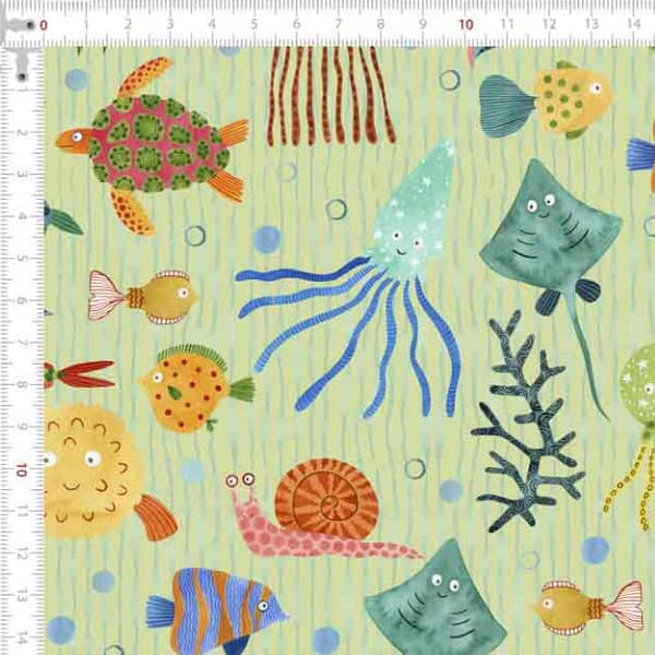 Tecido Tricoline Estampado Animais Aquáticos Verde Patchwork Costura Artesanato Pano