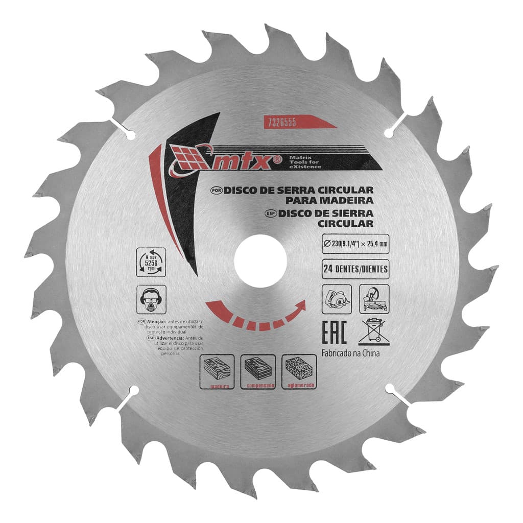 DISCO SERRA CIRCULAR PARA MADEIRA, 230MM (9,1/4POL.) X 25,4MM, 24 DENTES, 1PC // MTX
