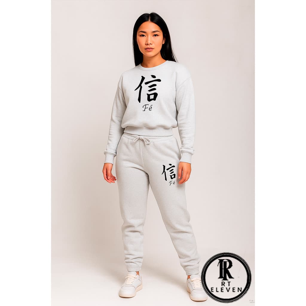 Conjunto Moletom Feminino Fé Japones Escrita Gola Careca Blusa De Frio Blusa + Calça Moletom Diversas Cores Envio Rápido