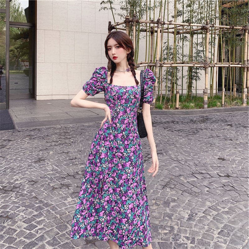Tamanho grande Floral 2022 vestido feminino verão roxo Puff manga dividir Retro francês vestido longo gordura mm vestido