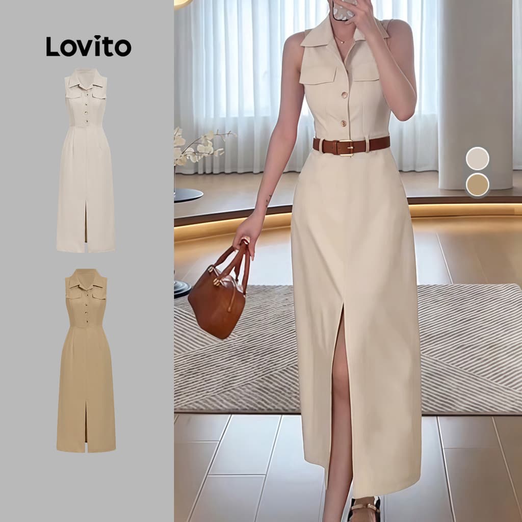 Lovito Elegante Vestido Cáqui para Deslocamento Com Botões E Bolso Falso Primavera/verão Para Mulheres L171ED1079