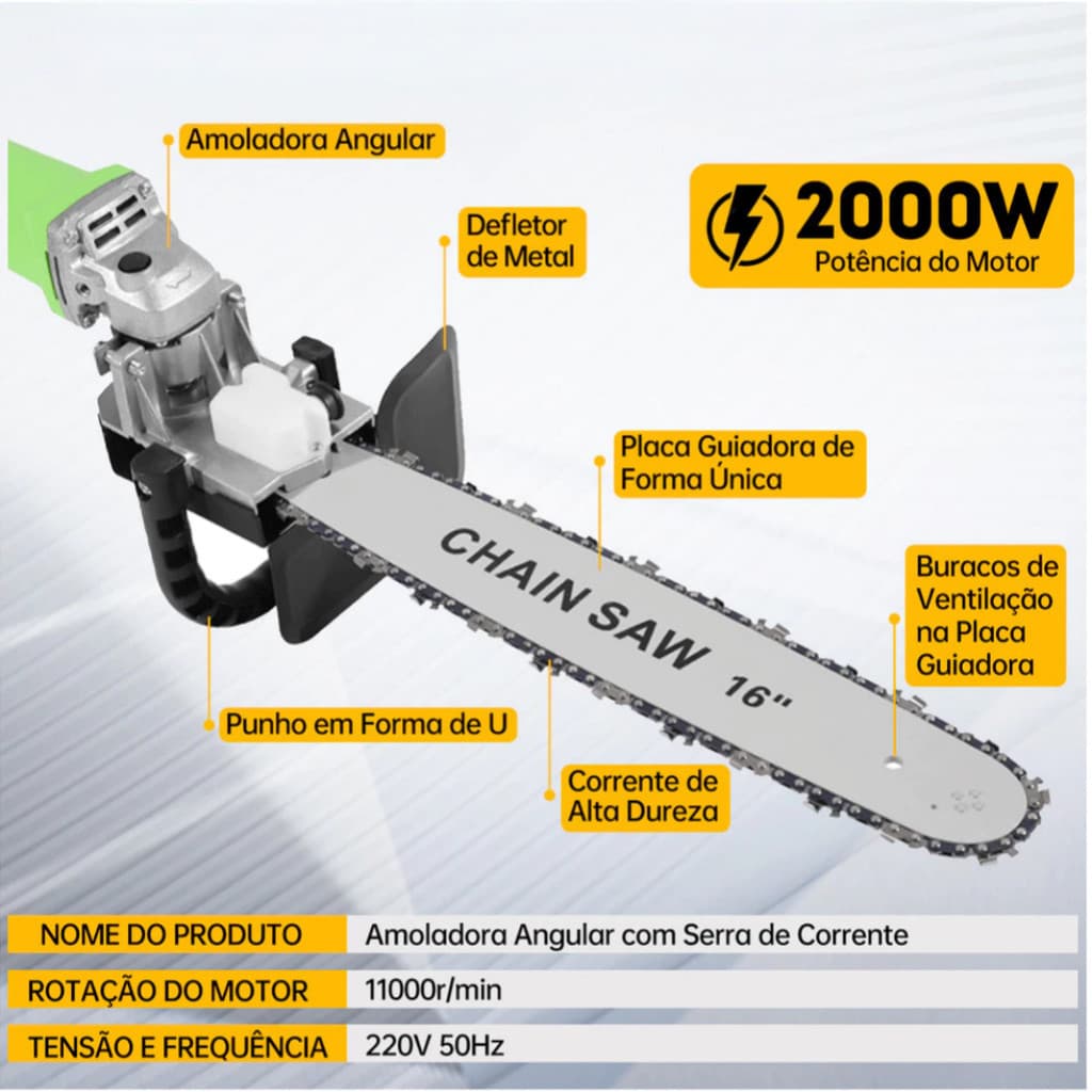 Adaptador Motoserra Esmerilhadeira Lixadeira 12" Corrente Afiada Corte Rápido Madeira E Galhos
