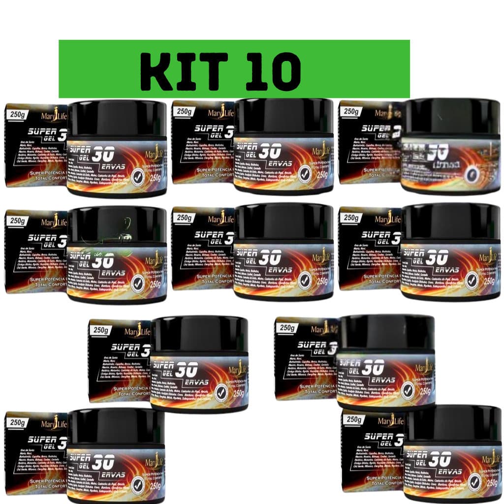 Kit com 10 Super Gel 30 Ervas 250g Massageador Gelo Quente Mary Life