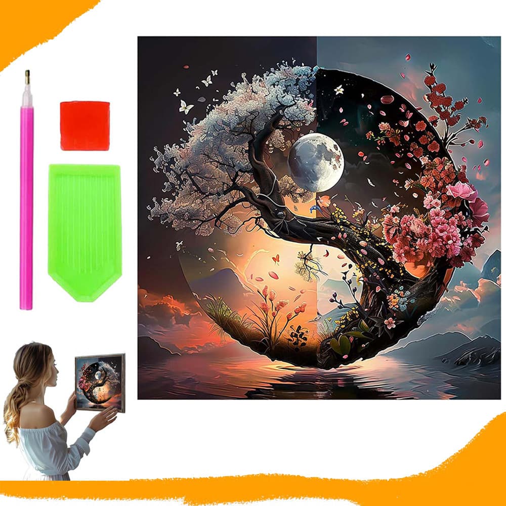 Árvore Yin-Yang, diamantes quadrados, pintura com diamantes 5D DIY, kit inicial para pintura com diamantes, 30 x 30 cm