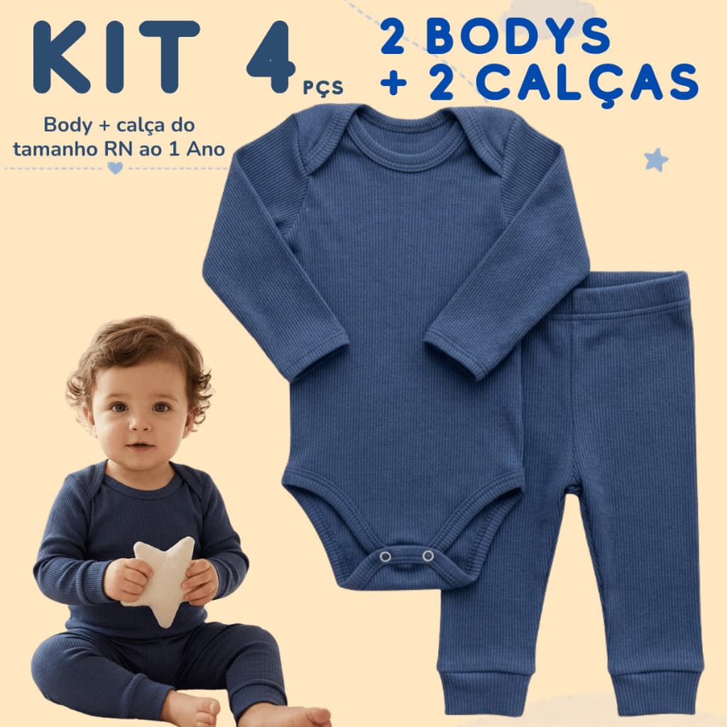 Kit 4 Peças Body Bebê Manga Longa + Calça Enxoval Canelado 100% Algodão Maternidade RN ao Tamanho 1