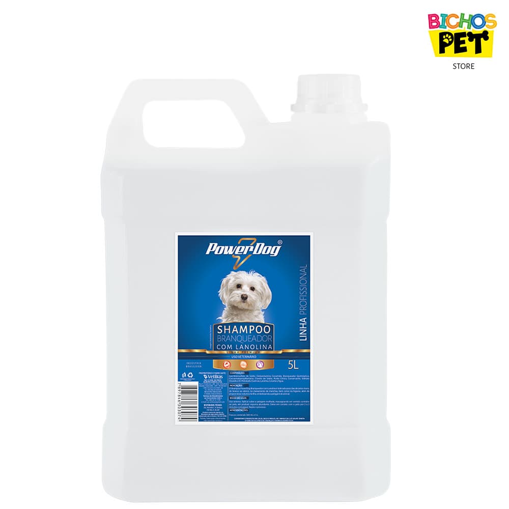 Shampoo PowerDog Branqueador para Cães Pelos Claros 5L Higiene Brilho Pet