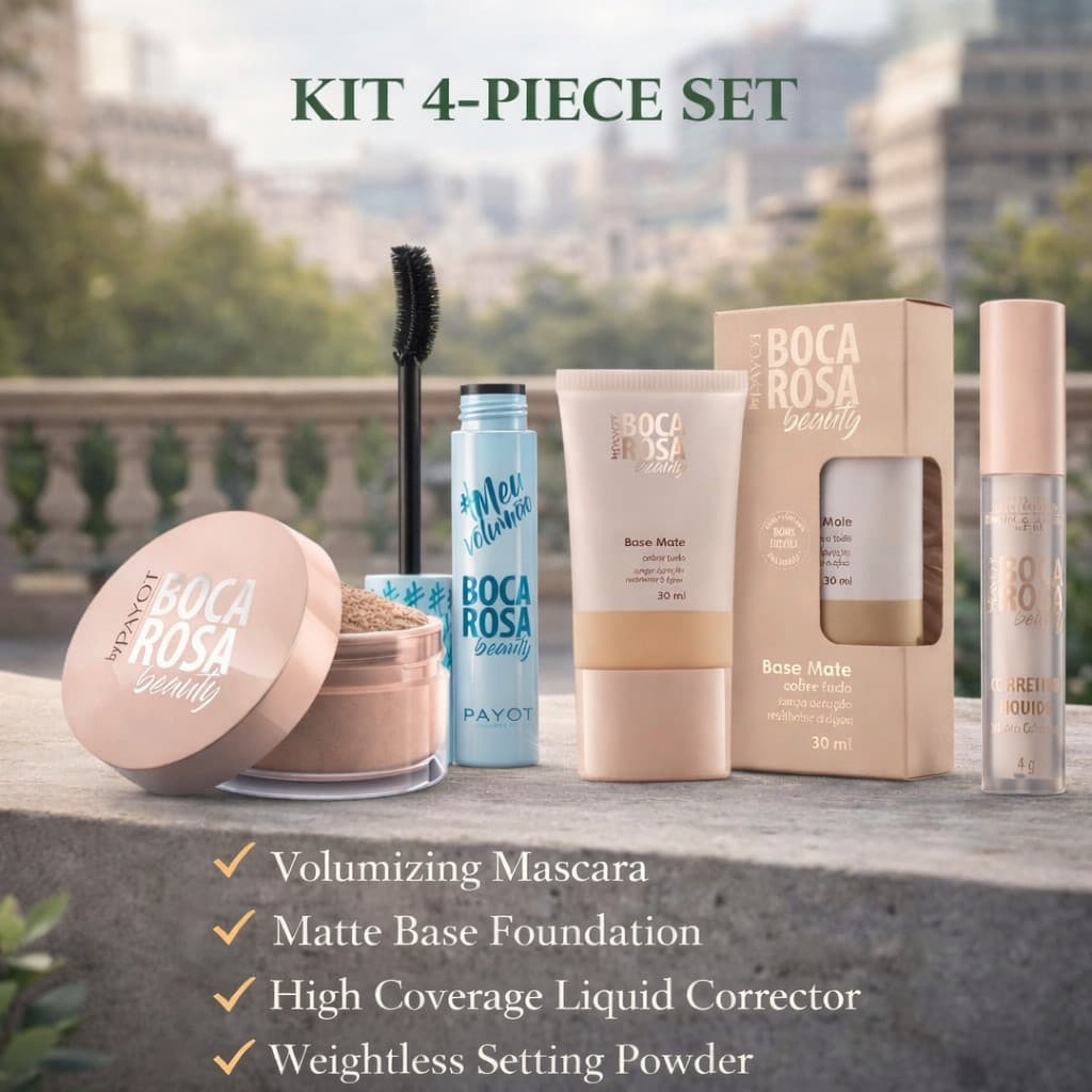Kit Maquiagem Boca Rosa 4 Itens – Base Líquida, Corretivo, Pó Solto e Máscara de Cílios