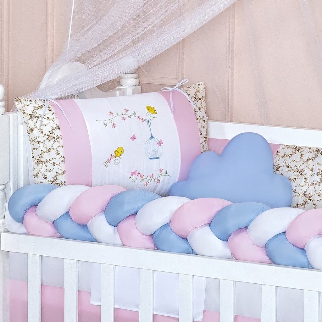Kit Berço Completo 11 Peças Com Trança Enxoval Bebê Quarto Infantil Protetor Almofadas Mosquiteiro Seguro Conforto