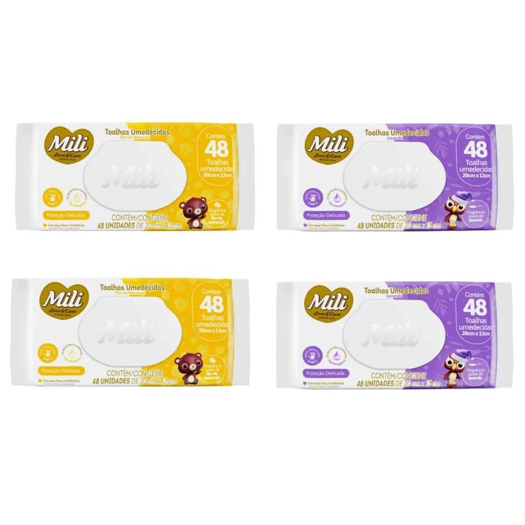 Kit 4 Toalhas Umedecidas - 2 Maracujá e 2 Lavanda c/ 48 unidades - Mili - Lenço Umedecido Bebê