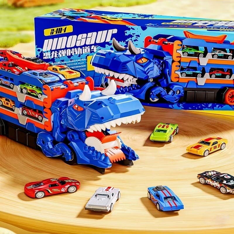 Carro Dinossauro 4 em 1 com Pista 150cm Caminhão Lançador Engole-Carros com 6 Carrinhos de Liga Brinquedo Infantil