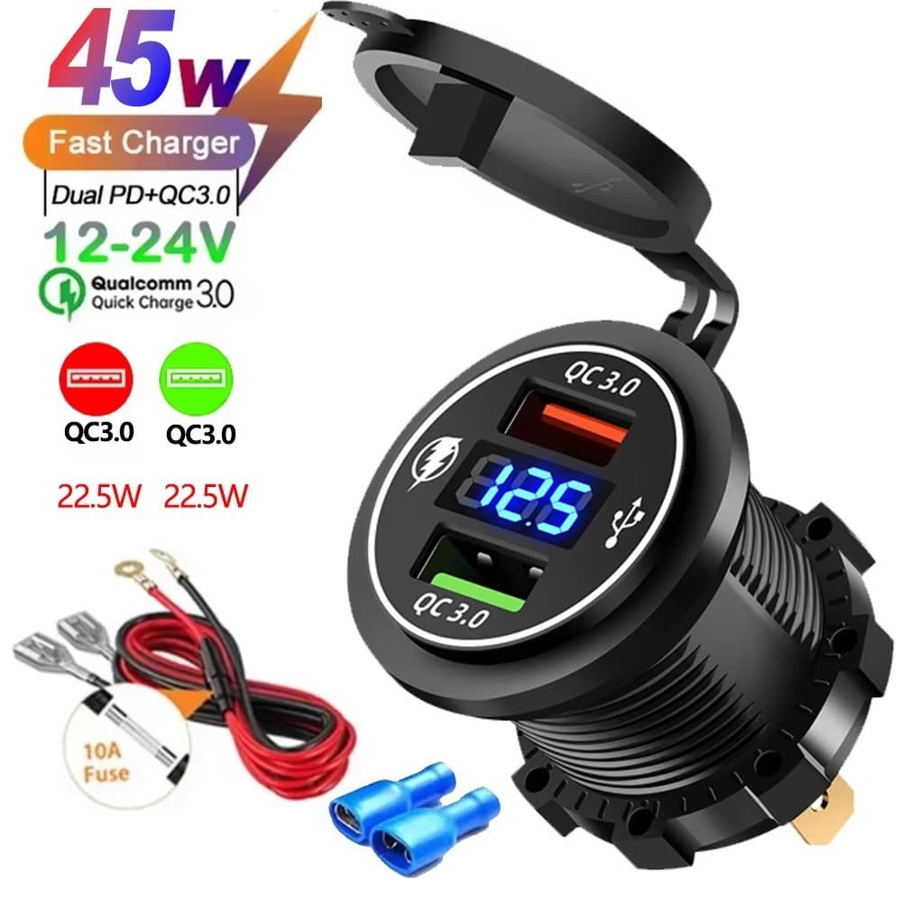 Carregador De Carro À Prova D'água 45W Tomada Dual QC3.0 Carregamento Rápido LED Voltímetro Digital 12V 24V Montagem Emb