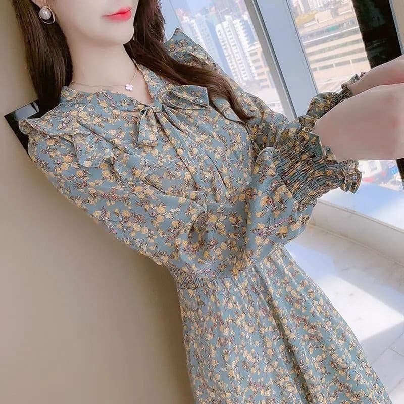 Vestido feminino Floral 2026 cintura estreita temperamento Bowknot saia longa primavera outono vestido falso vestido de 