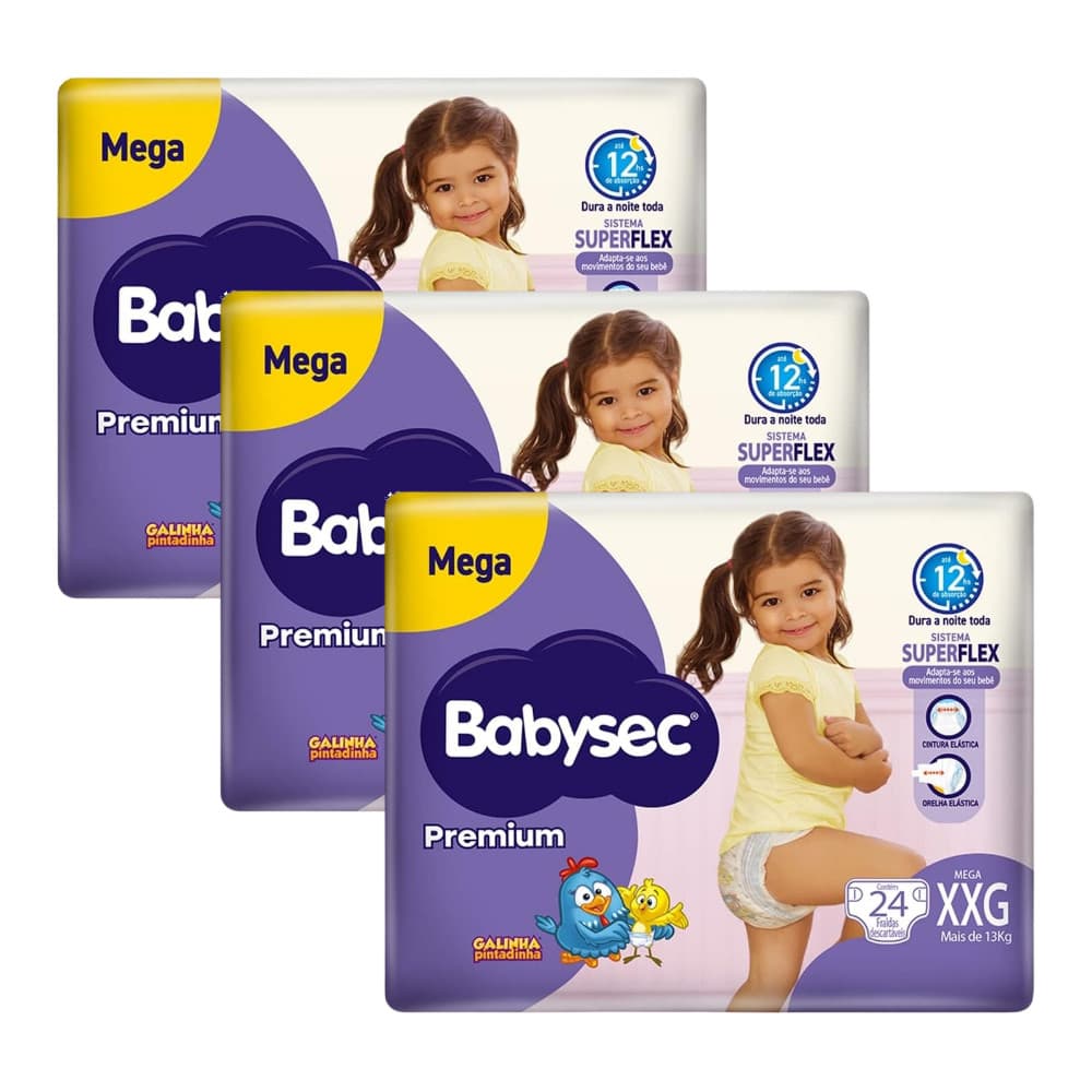 3x Fralda BabySec Premium Galinha Pintadinha Mega XXG 24un Cada