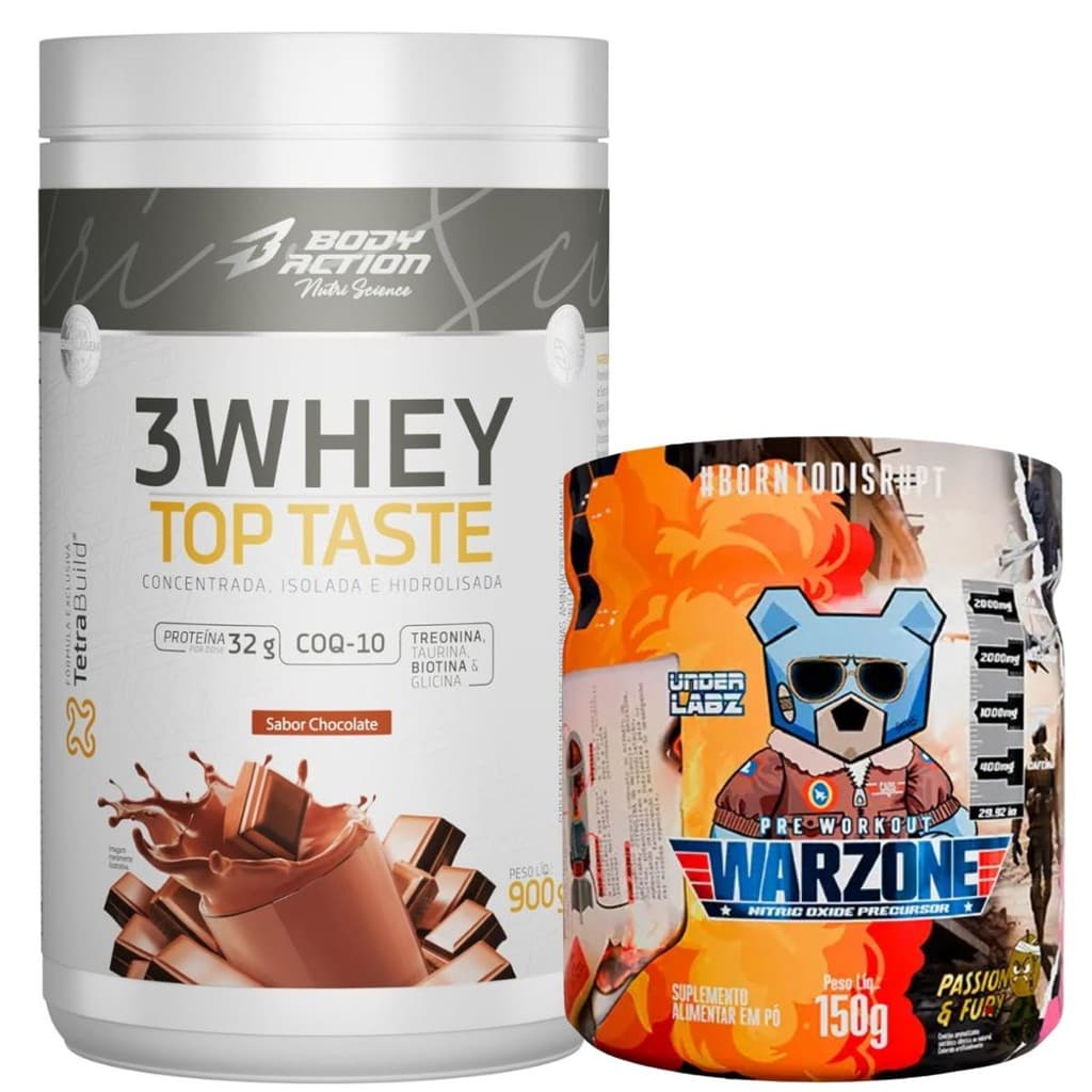 Kit Whey Protein 3W Chocolate + Pré-Treino Warzone Under Labz Body Action Combo Suplemento