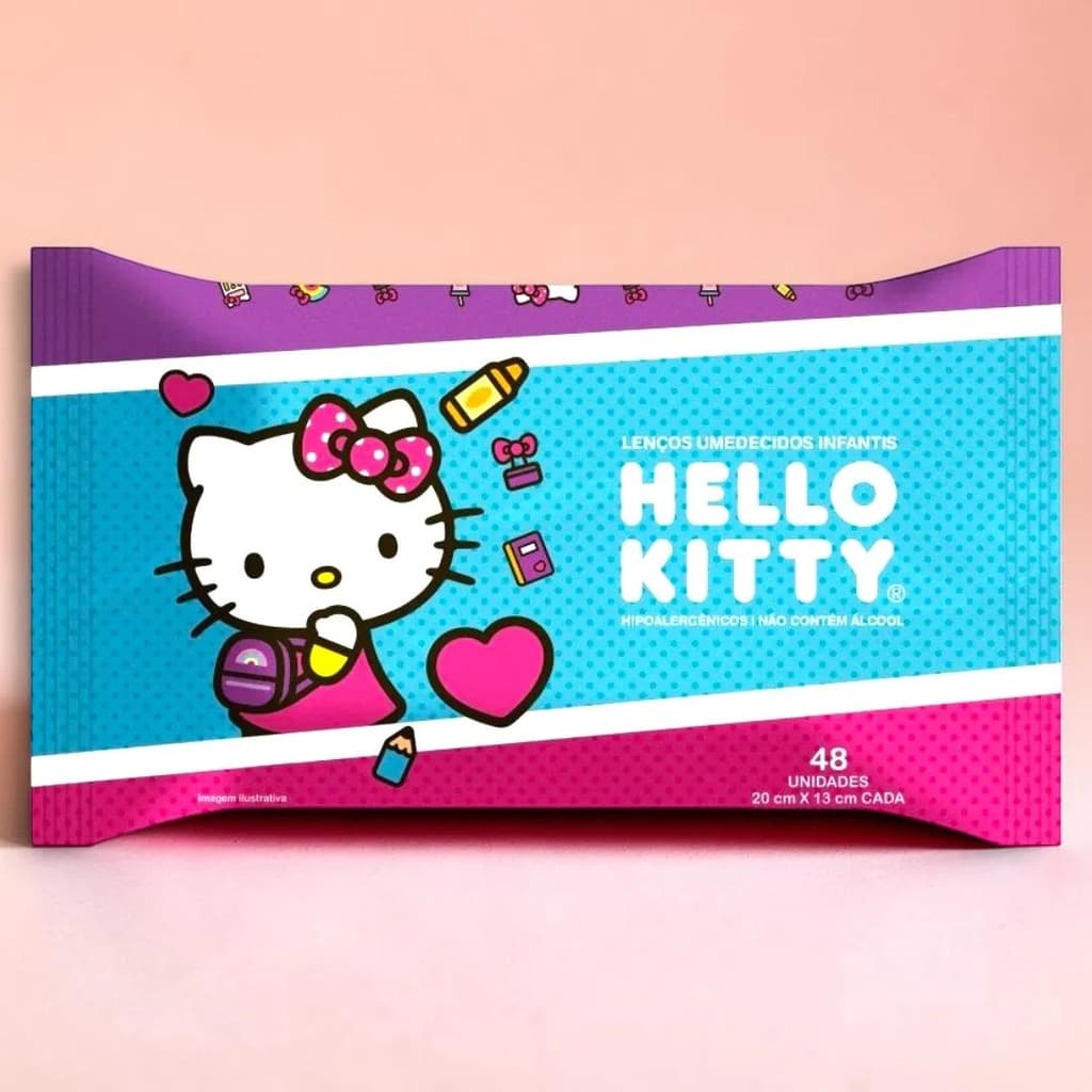 Lenço Umedecido Infantil Hello Kitty 48 Folhas Higiene Bebê Sem Álcool Toalha Umedecida