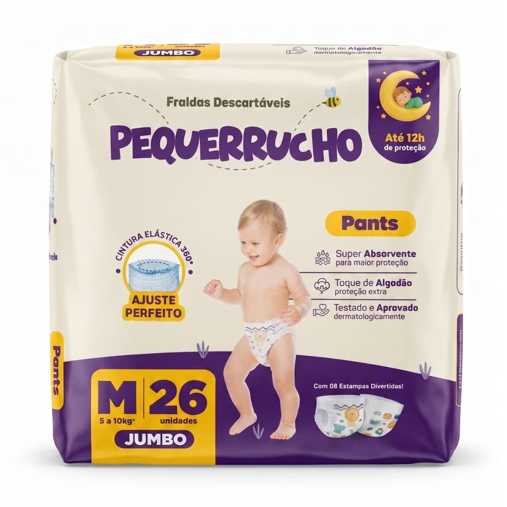 Fralda Descartável Pequerrucho Pants Toque Macio Hipoalergênico - Tamanho M - 26 Unidades