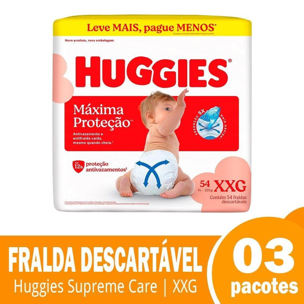 Fralda Descartável Huggies Máxima Proteção XXG - 3 Pacotes com 54 Unidades - Total 162 Tiras