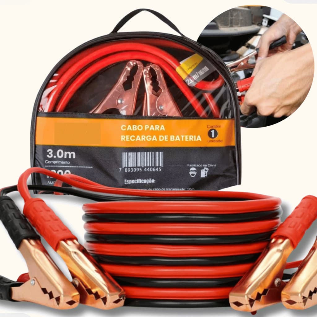 Cabo Auxiliar de Partida para Bateria 800Amp/1200Amp Reforçado com Garras 2,2m ou 3m