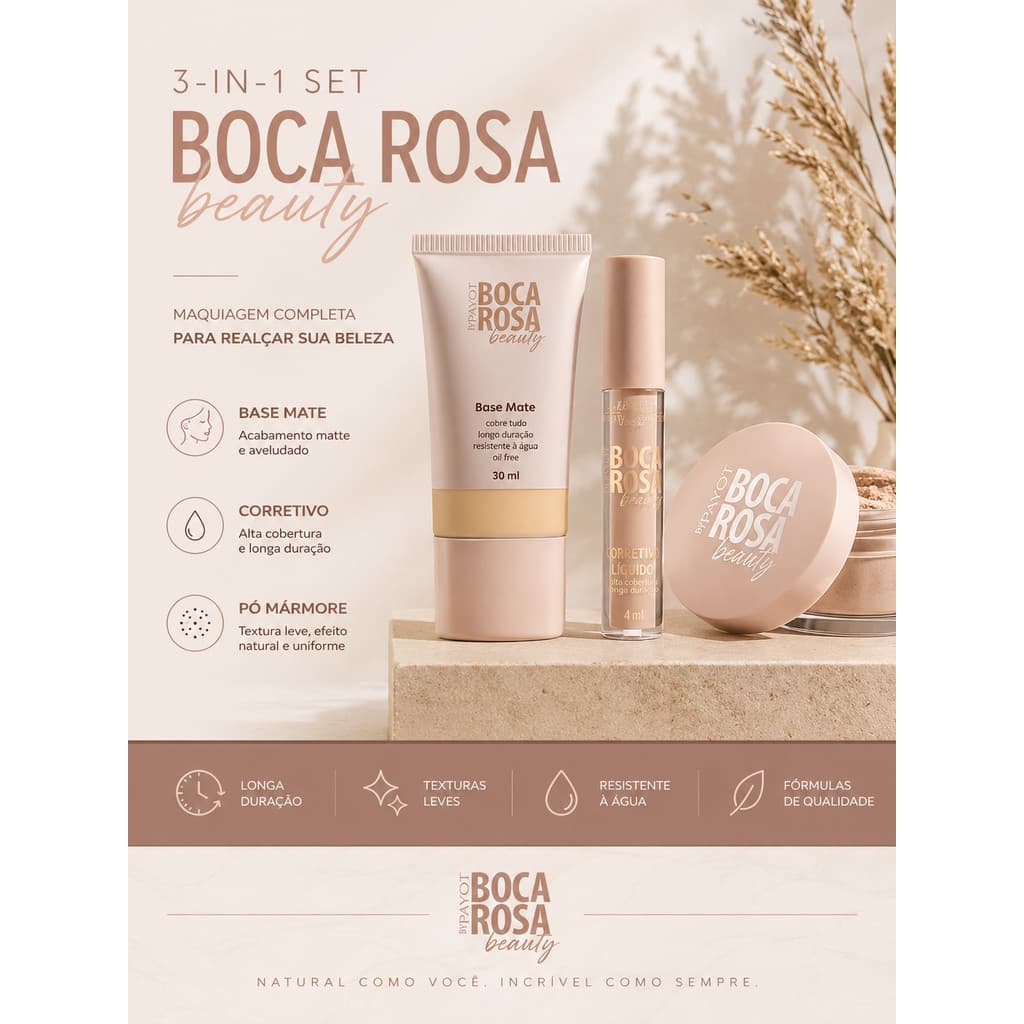 Kit 3 Peças Boca Rosa Base Líquida + Pó Compacto Mármore + Corretivo Alta Cobertura Original
