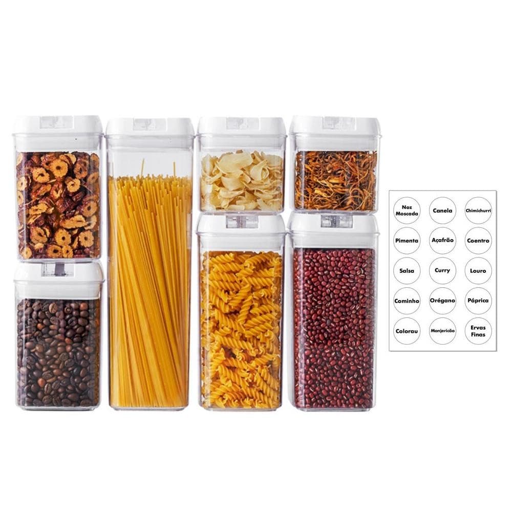 KIT 7 POTES HERMETICOS ACRILICO COM 35 ADESIVOS ORGANIZADOR DE ALIMENTOS COZINHA FREEZER MULTIUSO