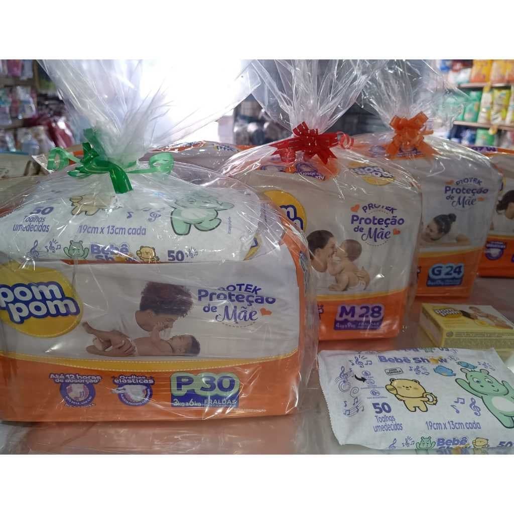 Kit  ( Pom Pom ) Chá de Bebe  Fralda + Toalha Umidecida 50un + Sabonete 45gr