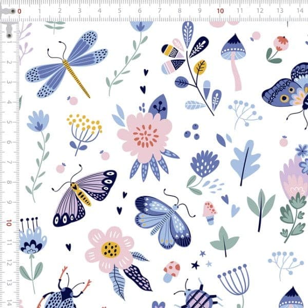 Tecido Tricoline Estampado Digital Borboletas e Libélulas Pano Patchwork Costura Ateliê Artesanato