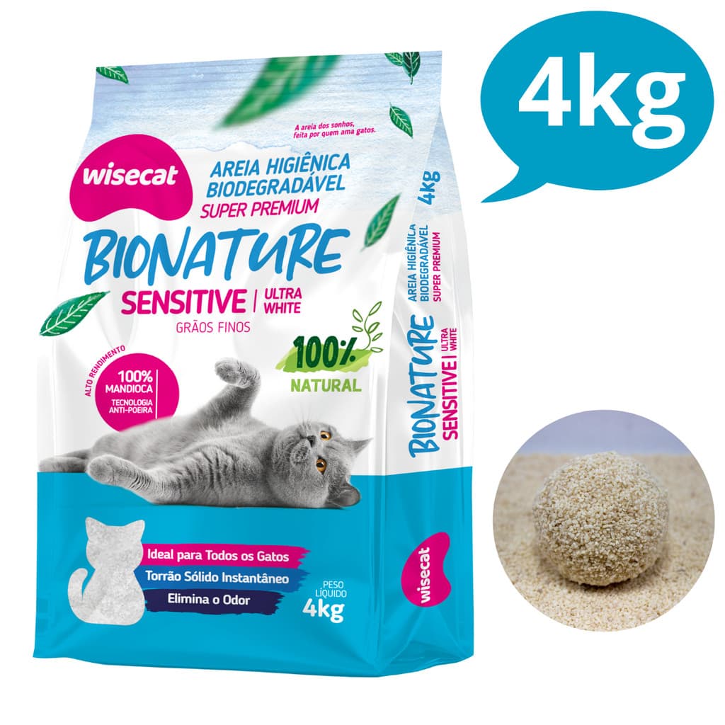 Areia Sanitária de Mandioca Wisecat para Gatos Grãos Finos Sensitive Bionature Biodegradável 4kg