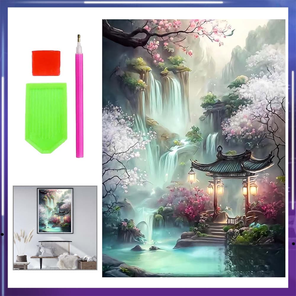 Pintura de Diamante 5D Tema Flor de Pêssego e Cachoeira 40x30cm – Kits para Iniciantes e Amantes da Arte, Presente