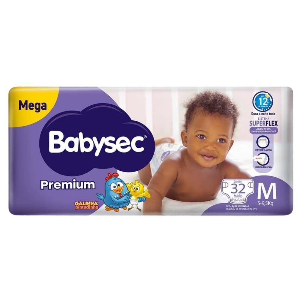 Fralda BabySec Premium Galinha Pintadinha Mega M c/32un – Até 12h de Absorção e Conforto