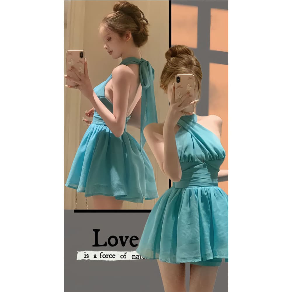Mini Vestido Bodycon Vestido curto verão Vestido Curto Verão Azul halter pescoço halter vestido feminino verão temperame